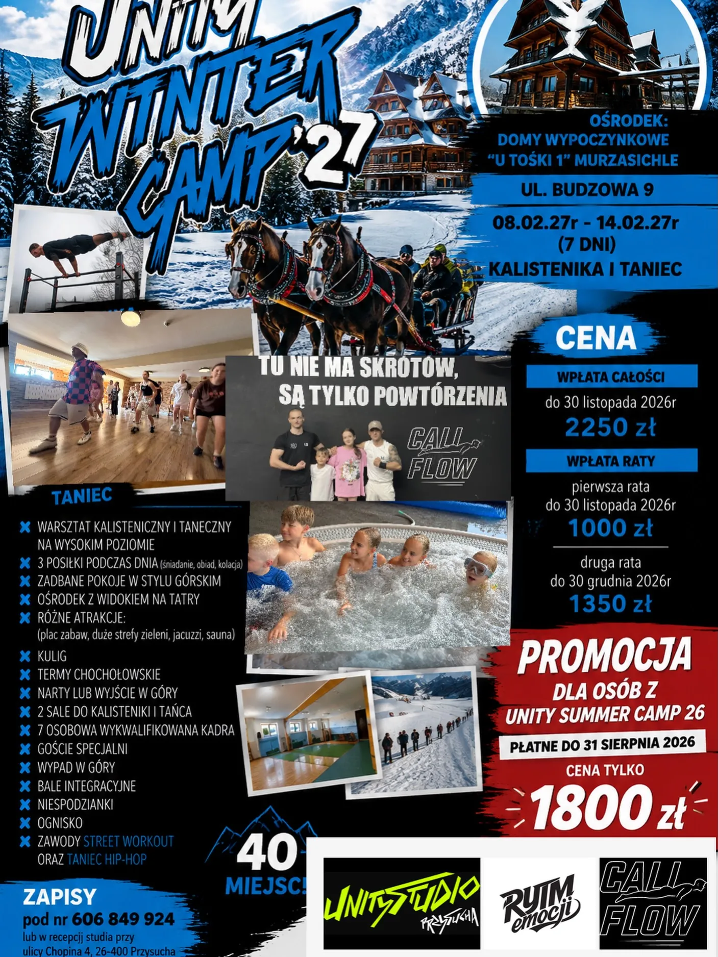 Plakat Unity Winter Camp ’27 — Murzasichle, 8–14 lutego 2027, kalistenika i taniec
